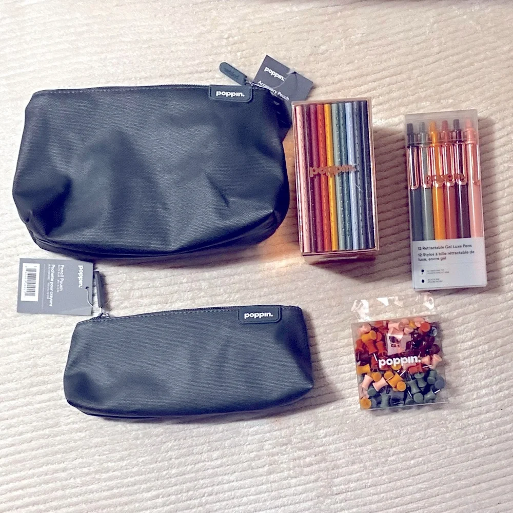 Poppin. Set of Notebooks, Pouches, Pens, Push Pins (Blue Slate)